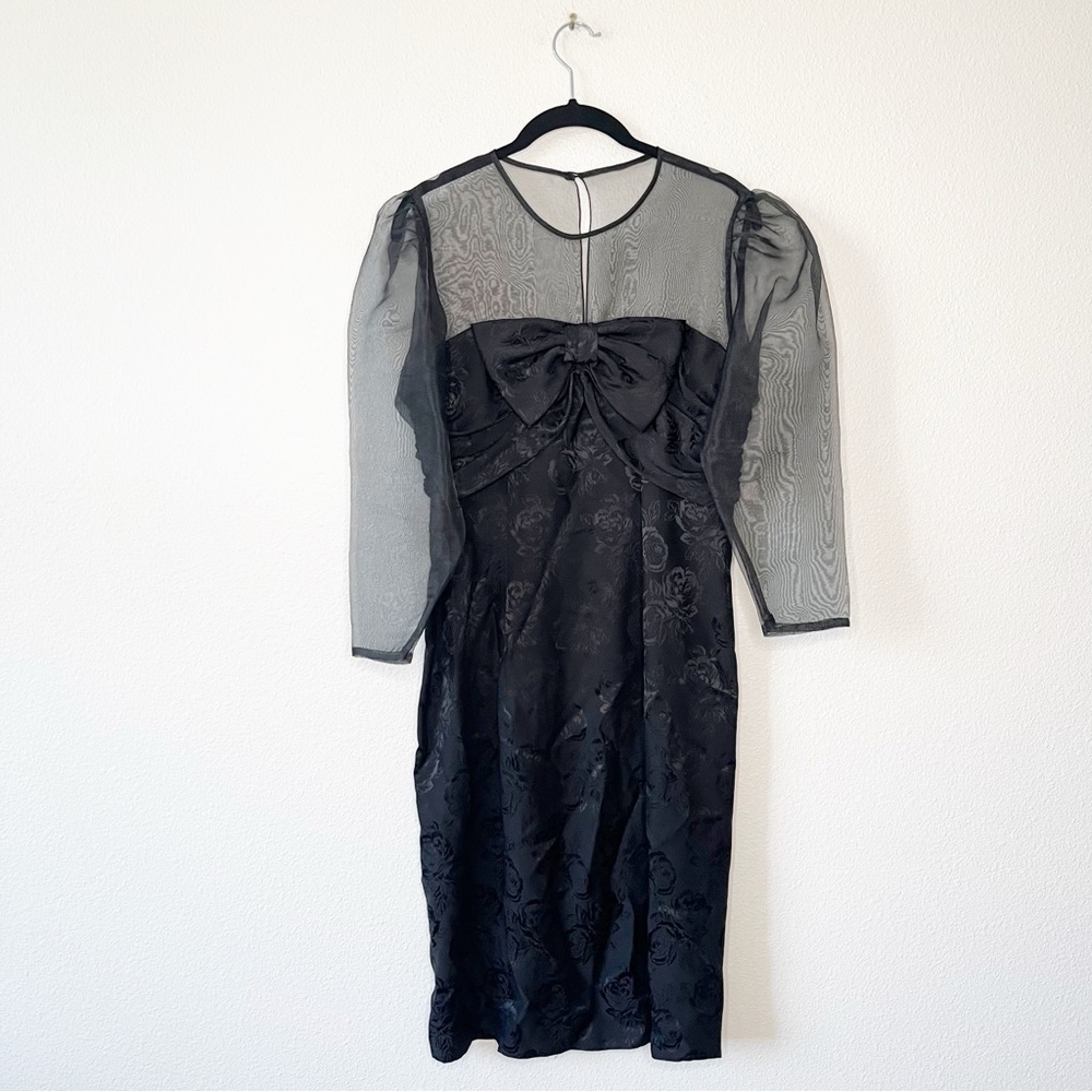 VTG 70s Warren Petites Silk Dress Sheer Sleeves Front Bow Witchycore Boho 10